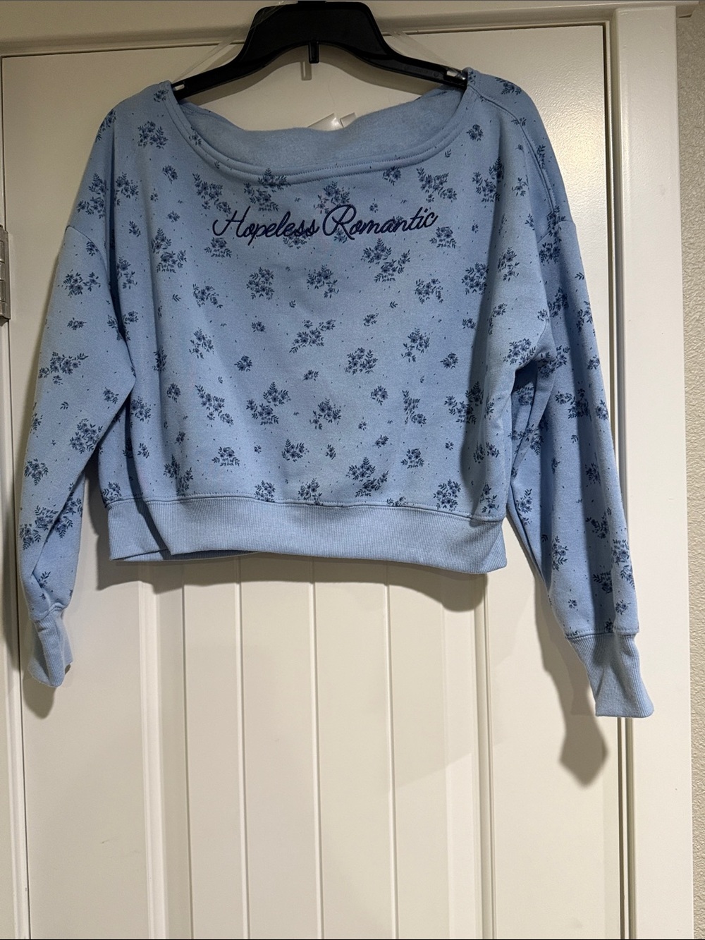 Mighty Fine Light Blue 'Hopeless Romantic' Floral Cropped Sweatshirt